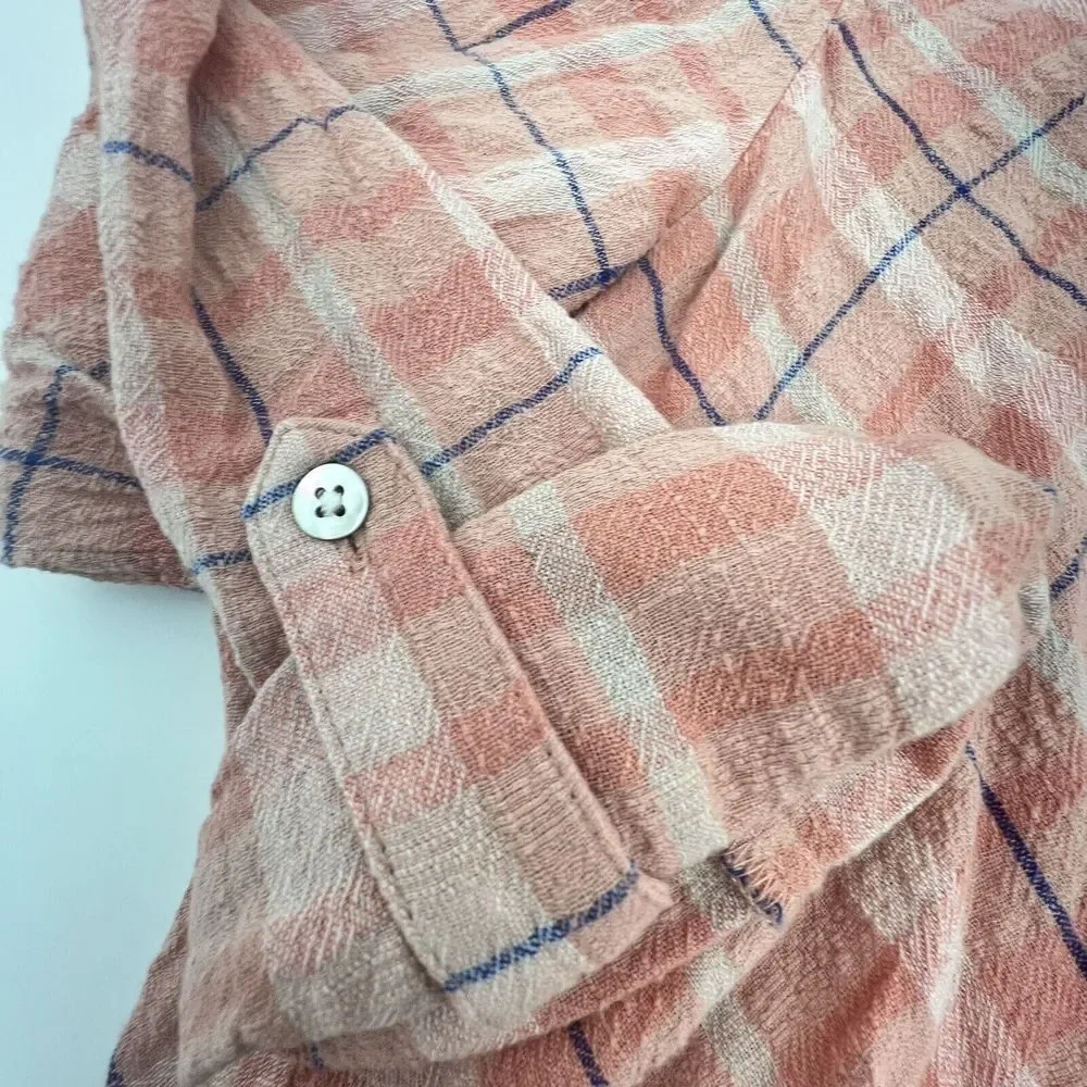 Soft surroundings 100% cotton womens roll tab sleeve plaid v-neck Phoebe L - Picture 3 of 5